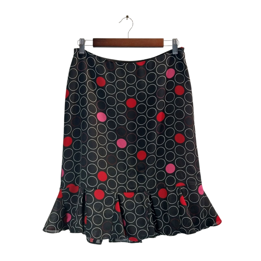 Axcess Black Midi Skirt with Ruffle Hem, Red & Pink Polka Dots, White Circles